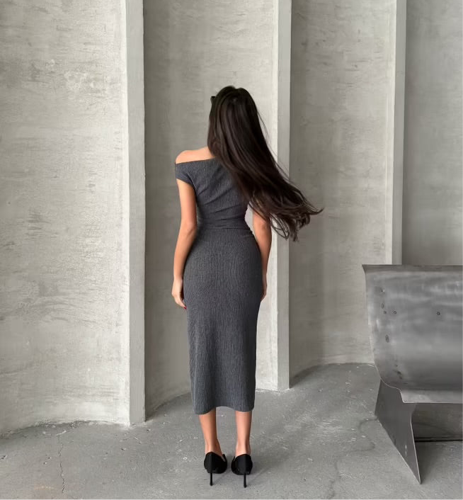 Bark Pattern: Off the Shoulder Midi Dress - Charcoal Gray