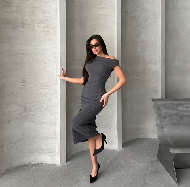 Bark Pattern: Off the Shoulder Midi Dress - Charcoal Gray