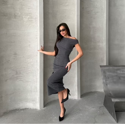 Bark Pattern: Off the Shoulder Midi Dress - Charcoal Gray